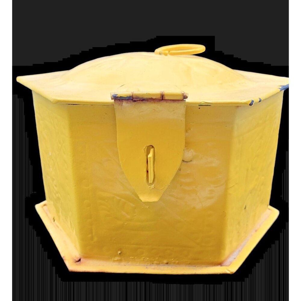 Painted Metal Hinged Hexagon Lockbox Handmade Yellow Storage w Hanger 6"